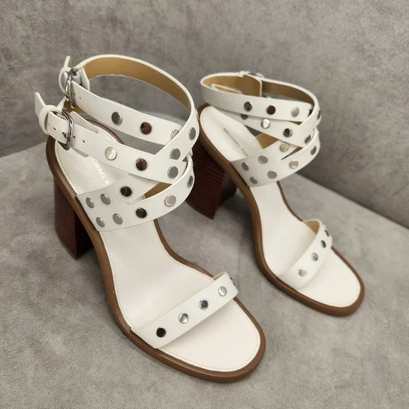 Michael Kors Heeled Sandals 7.5 White Woven Leather Irene Studded Silver New$195